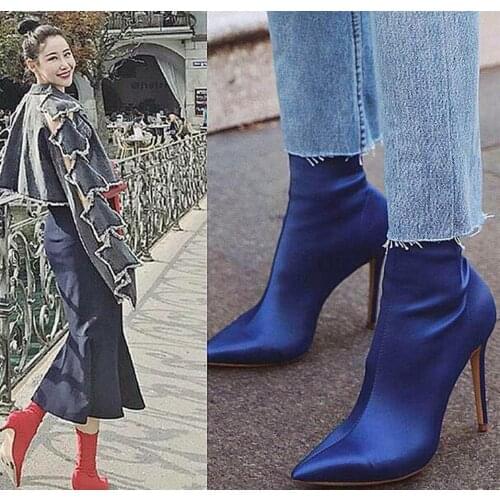 Womens Sexy Stretch Mid Calf Riding Boots Pull On High Heels Stilettos Shoes Satin Silk 7Colors New Arrival