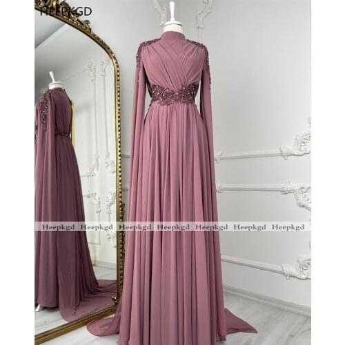 Exquisite Beads 2021 Arabic Muslim Evening Dress Long Sleeves A Line Chiffon Dusty Rose Women Formal Gowns For Party