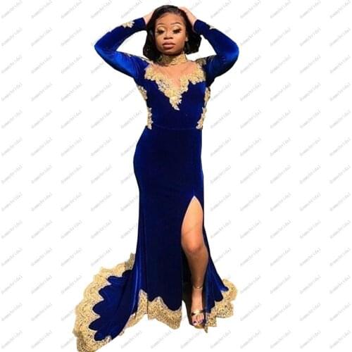 2021 South African High Neck Gold Lace Royal Blue Velvet Mermaid Prom Evening Dresses Formal Gown with Long Sleeves Plus size