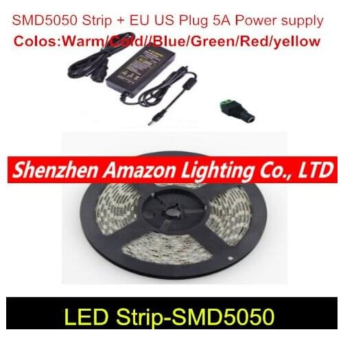 Free Shipping Non Waterproof 5050 RGB LED Strip 5M 300 Led SMD 12V 5A Power Adapter Light Warm/Cold/Blue/Green/Red/Yellow