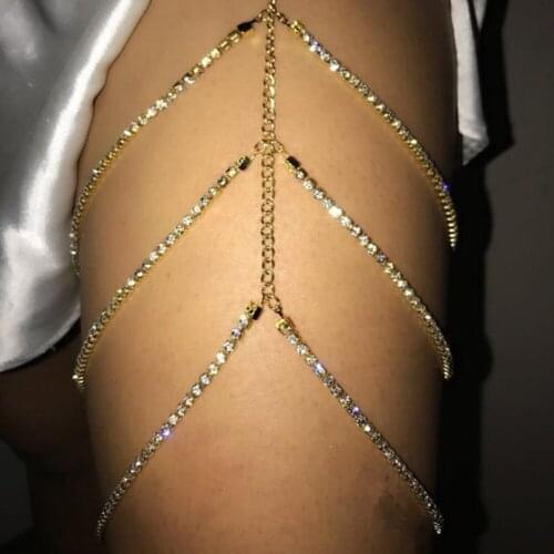 Shiny Rhinestones Garter Thigh Chain For Women Sexy Alloy Body Leg Chain Beach Nightclub Jewelry Accessories Gold Silver Color