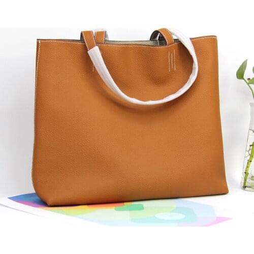 Double-Sided Leather Shopping Bag Golden Brown With Elephant Gray Top Layer Cowhide Large-Capacity Tote Bag H High-End Texture