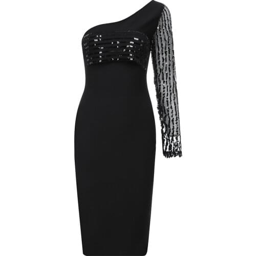 Elegant Bandage Dress Women Black One Shoulder Beading Party Club Long Sleeve Ladies Clothes Autumn Dresses