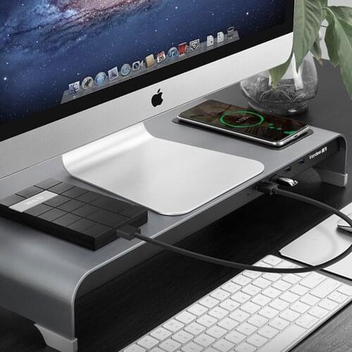 Computer Monitor Storage Bracket With USB 3.0 Hub Wireless Phone Charger Aluminum Alloy Table PC Monitor Mouse Keyboard Shelf