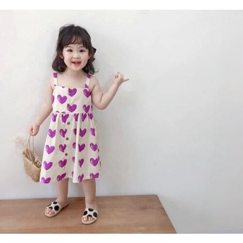 Summer New Style Baby Girls Fairy Suspender Dress Princess Girls Heart Pattern Casual Cotton Sleeves Sling Dresses