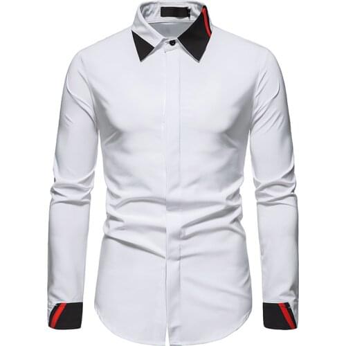 PARKLEES Patchwork Business Slim Men Dress Shirt Black White Long Sleeve Casual Hidden Button Shirts for Men Camisas Para Hombre