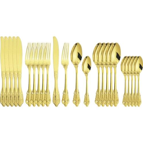 24Pcs Gold Cutlery Set Black Knives Fork Spoons Tableware Set 18/10 Stainless Steel Dinnerware Set Kitchen Dinner Silverware Set
