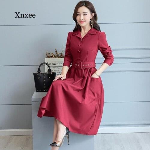 Autumn Womens Long-Sleeved Mid-Length Shirt Office Skating Skirt Dress Female Elegant Women Retro Ladies Dress Robe