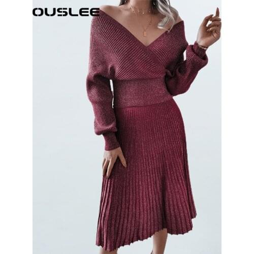 OUSLEE Womens Knitting Sweaters Set Autumn Off Shoulder Solid Pullover Sexy V-neck Sweater A-line Pleated Skirt Two-Piece Sets