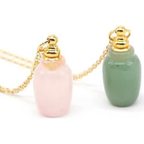 Natural Perfume Bottle Crystal Stone Pendant Necklace Aventurine Rose Quartzs Essential Oil Diffuser Charm Copper Chain Jewelry