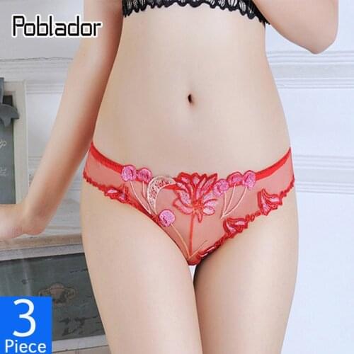 Poblador 3Pcs/lot Sexy Womens Transparent Lace Panties Set Hollow Out Embroidery Thongs Low Waist Female Comfort G-String