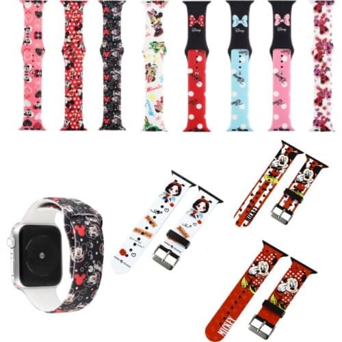 Disney Mickey Minnie Apple Watch Silicone Strap 44mm 40mm 42mm 38mm Cartoon Print Strap Suitable for IWatch Series SE/6/5/4/3/2