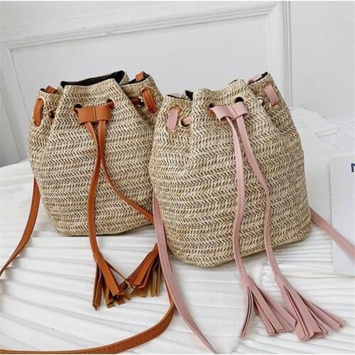 Drawstring Womens Straw Bucket Bag Summer Woven Shoulder Bags Shopping Purse Beach Handbag Straw Handbags Travel Bag