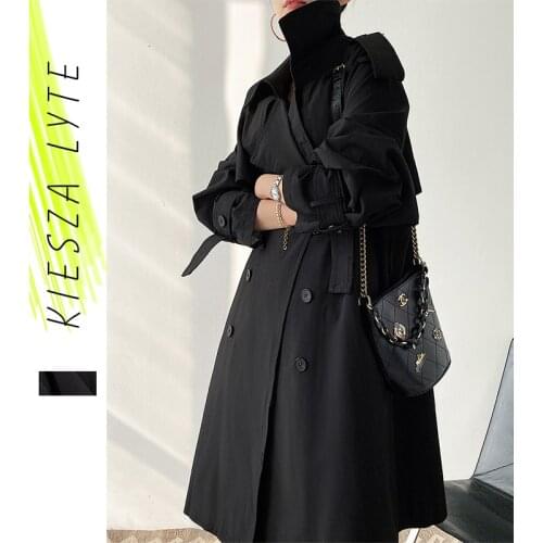British Design Classic Trench Coat Autumn 2020 Vintage Long Loose Black Cloak Coat Mujer Windbreaker Female Outerwear
