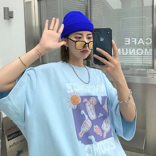 Summer Vintage Short-Sleeved t-Shirt Blue Couple Outfit Blouse Kawaii Cartoon Print Pattern Oversized Female Blouse