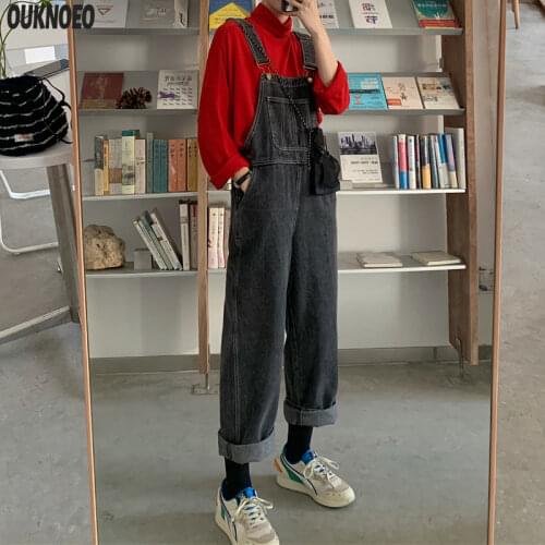 Womens Denim Jumpsuits Retro Denim Trousers Loose Solid Color Overalls Female Korean Student Style 2021 Woman Street Jeans