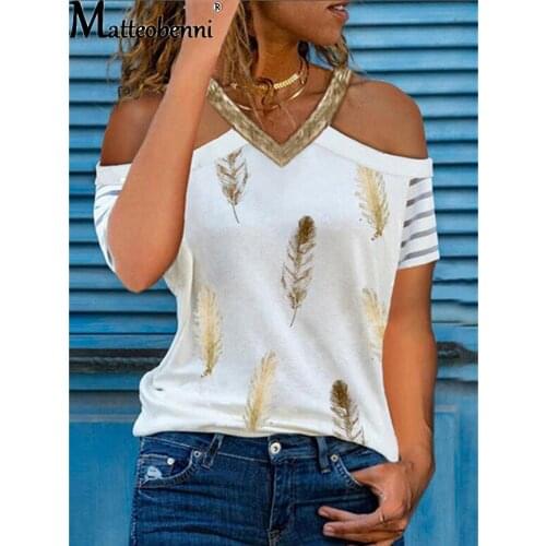 2021 Blouse Women V Neck Short Sleeve Print T-Shirts Summer Vintage Street Ladies Loose Casual Fit Off Shoulder Sexy Shirt Tops