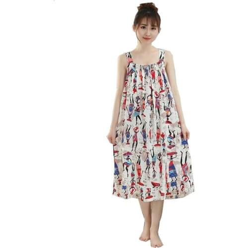 Women Nightdress New 2020 Summer Sleeveless Sling Printing Dress Man-made Cotton Silk Nightwear Lady Girl Fashion Home Service