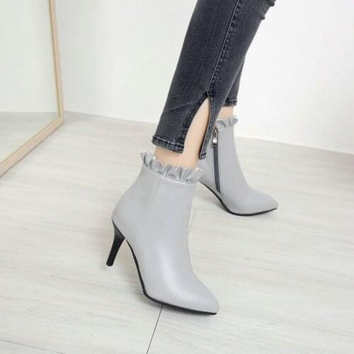 Sianie Tianie 2020 winter PU leather pointed toe women ankle boots with ruffles spike high heels winter shoes woman boots 33-47