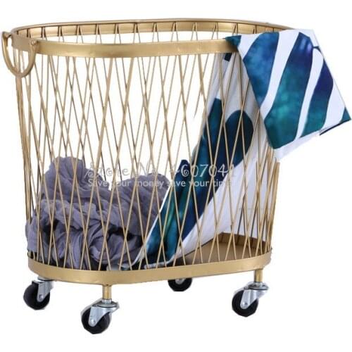 Golden Metal Laundry Basket with Wheels Hollow Handle Metallic lacquered Dirty Clothes /Toy Storage Box Home Creative Organizer