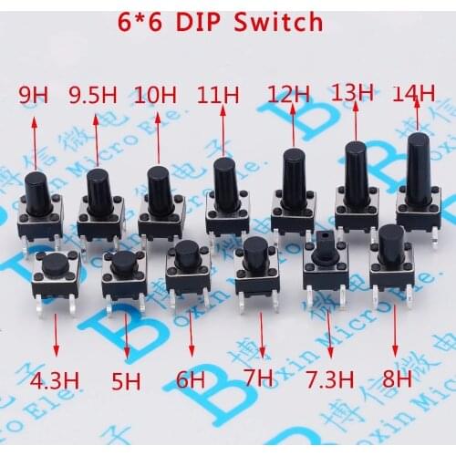 100 unids/lote tecla táctil Micro interruptor 6*6*6*6*4,3/5/6/7/8/9/10/11/12/13 MM Botón de 4 pin vertical DIP conjuntos