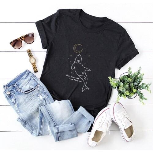 2021 Summer Cotton Women T Shirt Plus Size S-5XL Dolphin Letter Print Short Sleeve Graphic Tee Casual Tops Female O-Neck TShirt