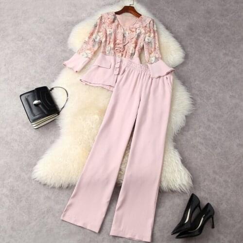 2021 Printed Shirt with Three-quarter Sleeves Wide-legged Pants Fashion Suits European and American Womens Wear for Spring