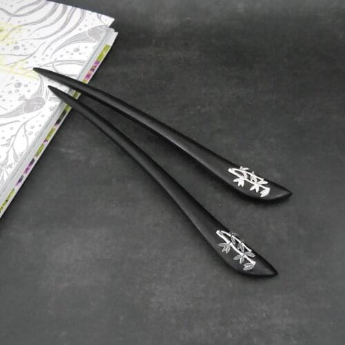 Bamboo Branches Silver Ebony Hair Stick Thai Silver Wooden Hair Fork Vintage Women Chinese Hairpin 18cm WIGO1104