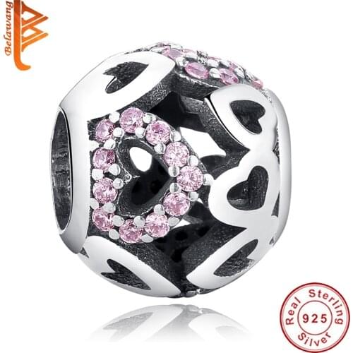 BELAWANG Wholesale Real 925 Sterling Silver Round Heart Charm With Pink Crystal Bead Fit Original Bracelet For DIY Women Jewelry