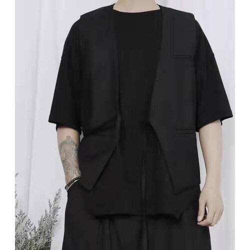 Large mens new waistcoat mens Japanese simple small waistcoat original asymmetric lace loose vest