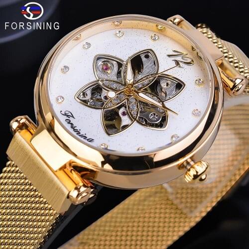 Forsining Female Clock Mechanical Automatic Diamond Top Brand Luxury Womens Watch Gold Mesh Waterproof Fashion Ladies Watches