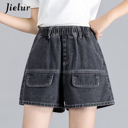 Jielur Black High Waist Denim Jeans for Womens Slim Straight-legs Shorts 2021 Summer Elastic Waist Casual Shorts for Women S-5XL