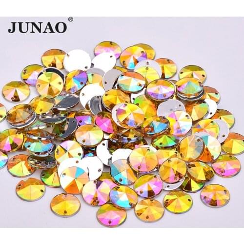 JUNAO 10mm Sewing Yellow AB Acrylic Rhinestones Sew On Round Strass Flat Back Crystal Beads for DIY Needlework Clothes