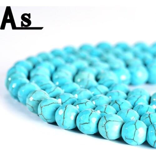 Asingeloo Faceted Blue Turquoises Round Natural Stone Beads For Jewelry Making 15.5inch/strand 4 6 8 10 12 14mm Pick Size