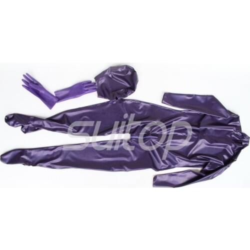 Latex full cover zentai with zip back including socks hoods glove detached in Metallic purple