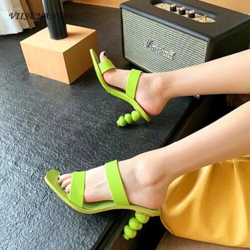 Summer fairy style fluorescent green leather square toe fashionable and comfortable beach high-heeled slippers women