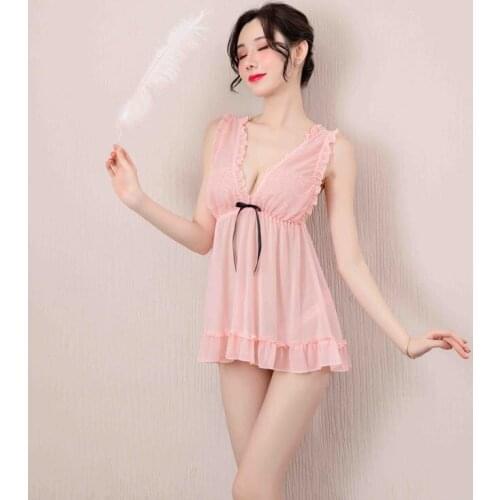 2020 New Sexy Lingerie V-Neck Pink Black Lace Wide Shoulder Straps Cute Tulle Pajamas Women Nightdress Lace