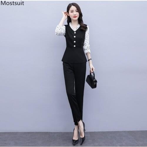 Autumn Elegant 2 Piece Set Women Korean Plus Size Long Sleeve Tunic Polka Dot Tops And Elastic Split Pants Suit Outfits 2021