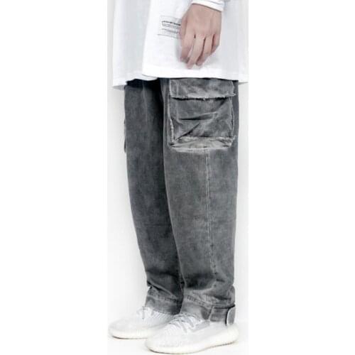 Grey personality trousers mens pants Loose straight tube for old washing harem pant mens fashion pantalon homme street novelty