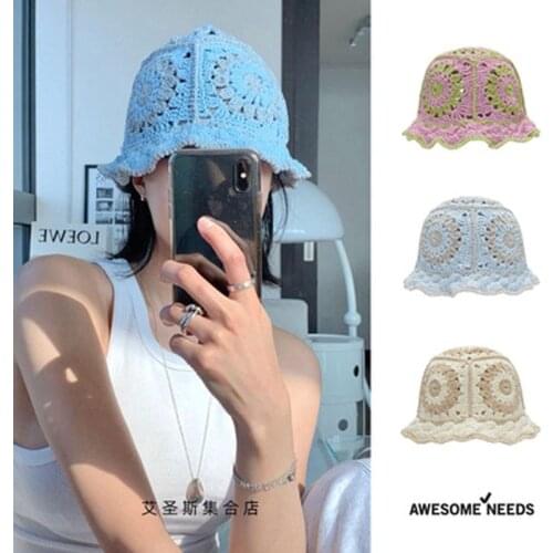 Garden Fisherman Hat Summer Thin Hand-Woven Hat Flower, Hollow Out Breathable Female Wool Hat
