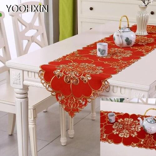 NEW red hollow satin flower Christmas Embroidery bed Table Runner flag cloth cover Lace wedding tablecloth kitchen party decor