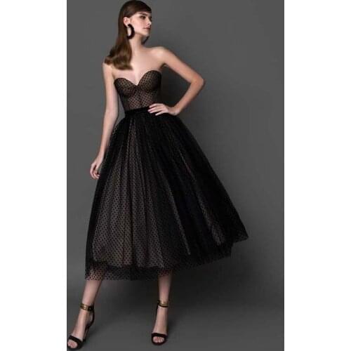 Thinyfull Black Tulle Evening Dress 2021 Sexy Strapless Polka Dot A-Line Tea Length Short Party Cocktail Prom Gowns Custom Size
