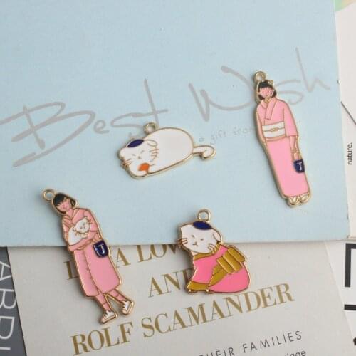 Cartoon Japanese Girl And Cat Enamel Charms for Jewelry Making Metal Gold Tone Pendant For Necklace/Bracelet/Headdress Accessory