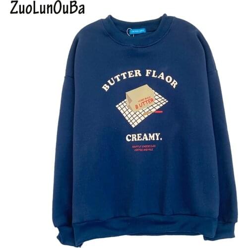 ZuoLunOuBa Womens Clothing Blue Letters Harajuku Hoodie Fall Winter Fleece Sweatshirt Long Sleeve Round Neck Pullover