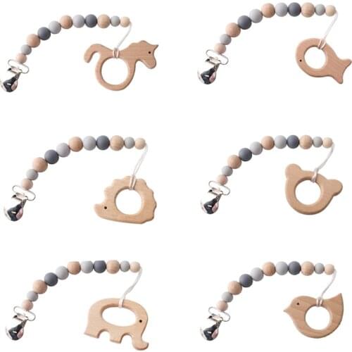 1pc Baby Teether Dummy Pacifier Chain Clip With Wooden Rodent Animal Pendant Silicone Bead Nipple Soother Holder Stroller Chain