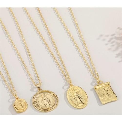 1PC Metal Hollow Round Maria Pendant Geometric Necklace For Women Vintage Carving Virgin Mary Choker Clavicle Chain Jewelry N368