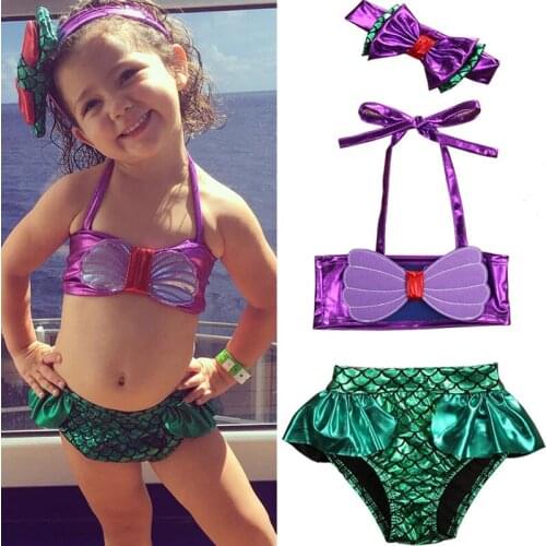 Baby Girls Mermaid Swimwear Toddler Kids Summer Beach Halter Swimsuit Bikini Bow Headband 3Pcs Set Holiday 2020 Bathing Suit