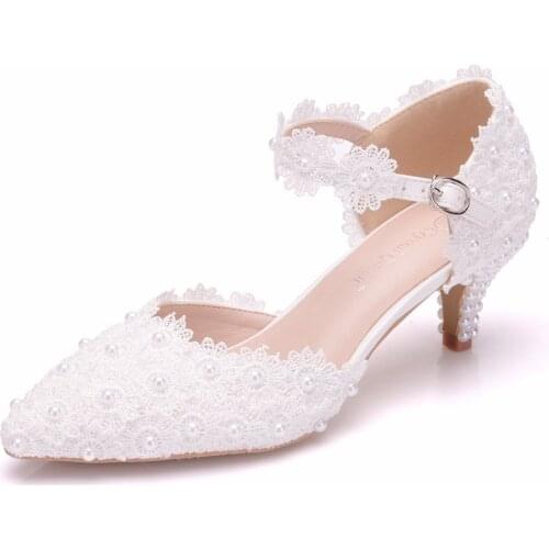 5 cm white lace pointy sandals with low heels plus size sandals womens foreign trade lace wedding shoes bride shoes