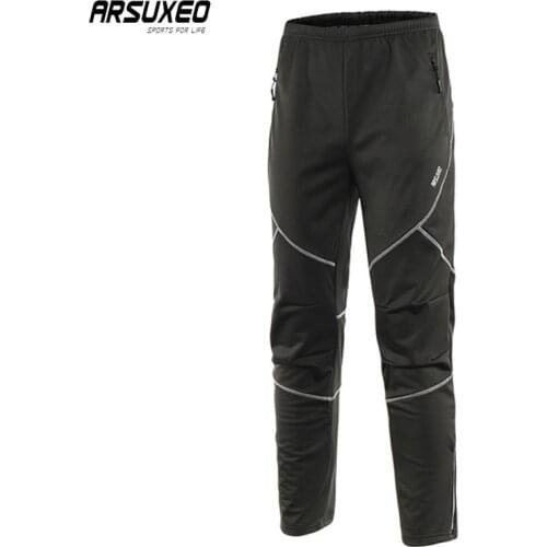 ARSUXEO Winter Fleece Cycling Pants Man Windproof MTB Pants Breathable Reflective Trousers Waterproof Thermal Sports Pants