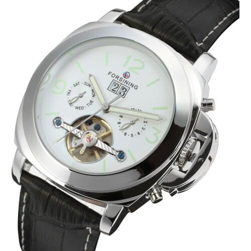 Forsining Top Luxury Automatic Mens Watch Mechanical Watch Tourbillon Men Sport Luminous Clock Male Leather Retro Wristwatches